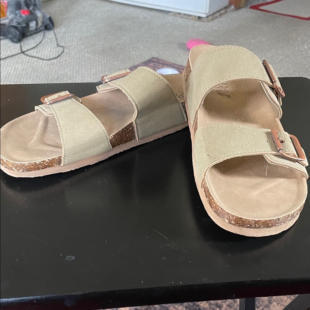 Mad Love Double-Buckle Sandals in Light Tan